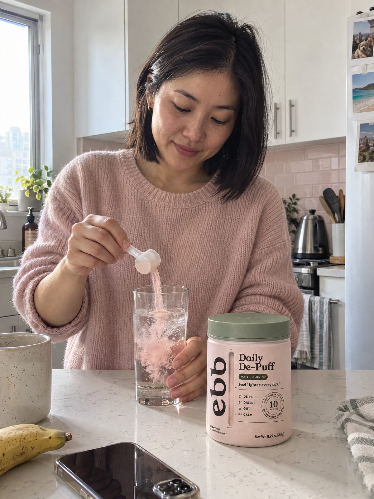 A woman pours a scoop of Ebb into a tall glass of cold water